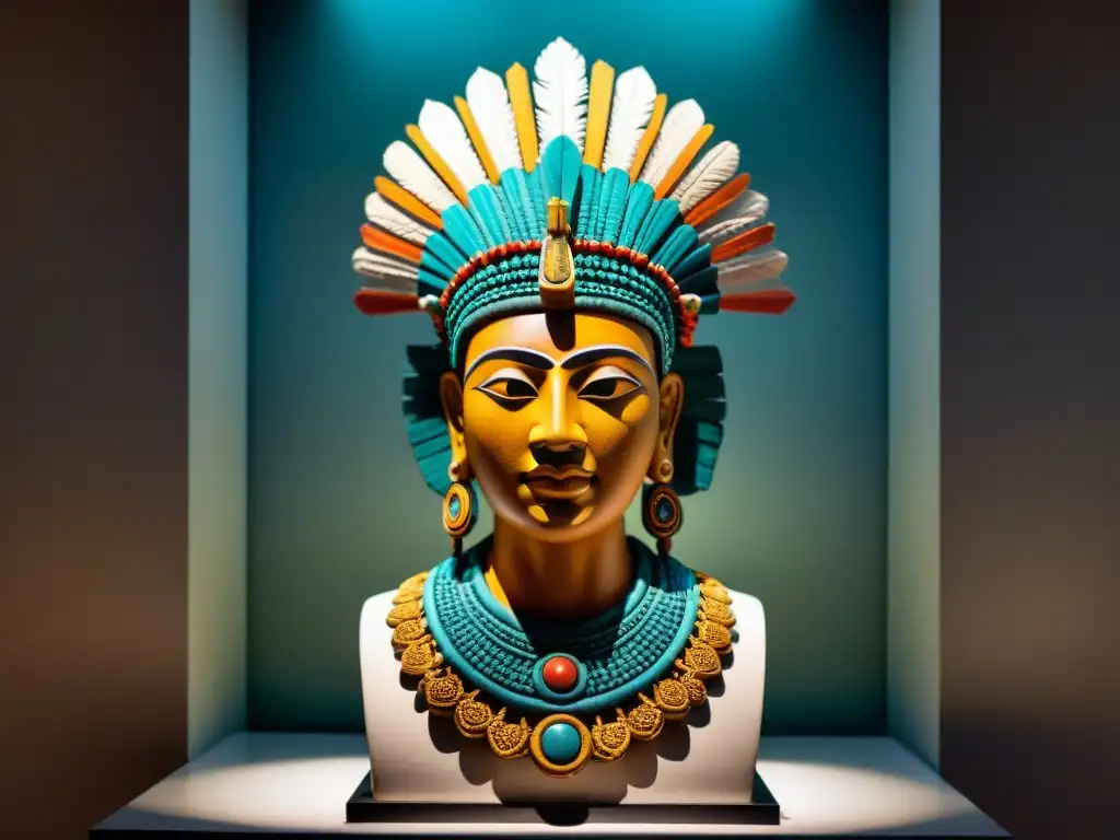 Detalle de escultura retrato maya en museo con iluminación tenue, resaltando headdress elaborado y sombras dramáticas