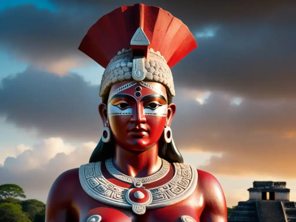 Detalle en 8k de la estatua 'Dama de rojo Chichén' en Chichén Itzá, resaltando su pigmento, tocado y misteriosa presencia histórica