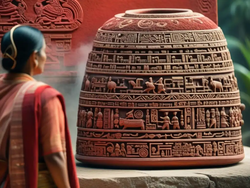 Pigmentos rojos mayas: detalle en piedra Detalle rojo de pigmentos en arquitectura maya: cinnabar en tallado de piedra, reflejo de su avanzada técnica y simbolismo