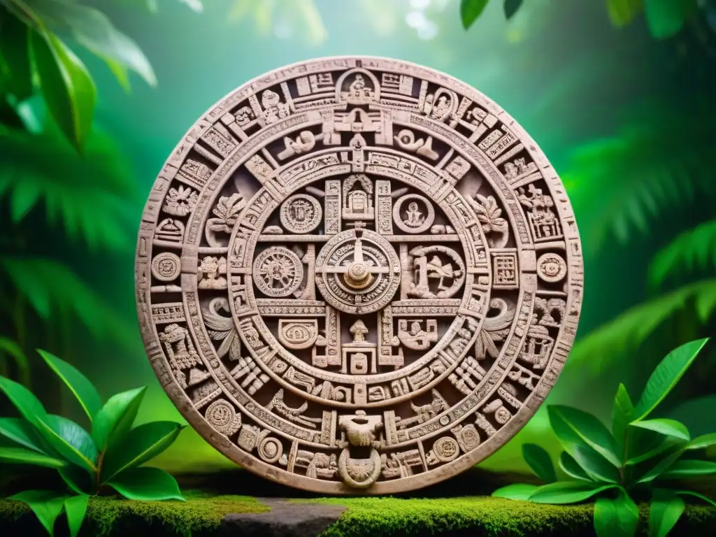 Detalle de rueda calendario Maya tallada en piedra, rodeada de exuberante vegetación