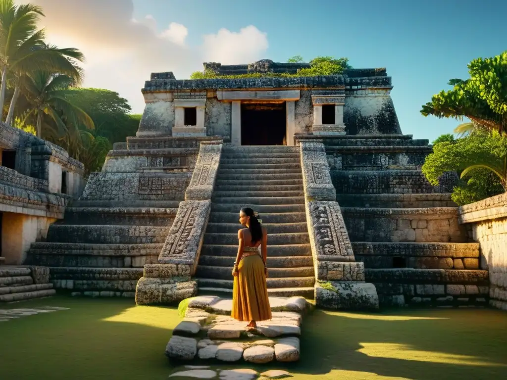 Detalle de las ruinas mayas en Tulum iluminadas por la tarde, resaltando su historia y texturas