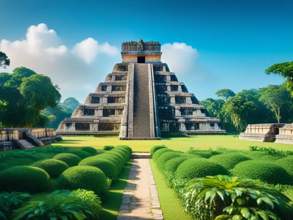 Detalle de ruinas mayas con jeroglíficos del Dios de la muerte maya, rodeadas de exuberante vegetación y cielo azul