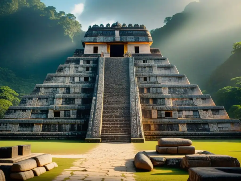 Detalle de ruinas mayas en Kabah con tallados en piedra y juego de luces