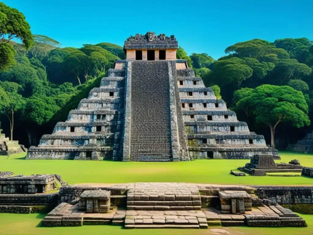 Ruinas mayas de Uaxactún: detalle arquitectónico y cultural Detalle de las ruinas mayas de Uaxactún con tallados, vegetación exuberante y cielo azul