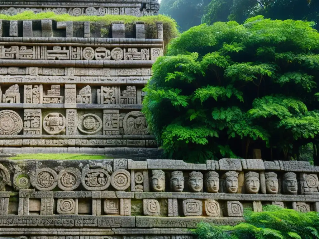 Detalle de ruinas mayas: tallados en piedra con follaje verde resaltando la preservación frente a la erosión