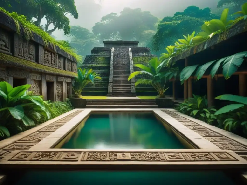 Detalle sagrado: complejas marcas y diseño arquitectónico de piscina maya, rodeada de exuberante jungla