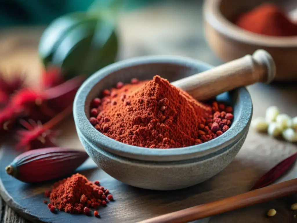 Detalle de semillas de achiote maya molidas en un mortero de piedra, resaltando propiedades medicinales