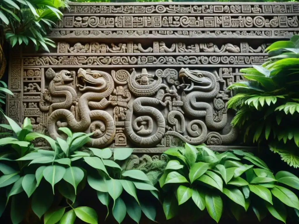 Detalle de la decoración y simbolismo en construcción maya en templo de la selva