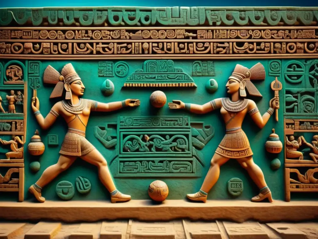 Detalle del simbolismo en juego de pelota maya: escena animada con intrincadas esculturas y glifos