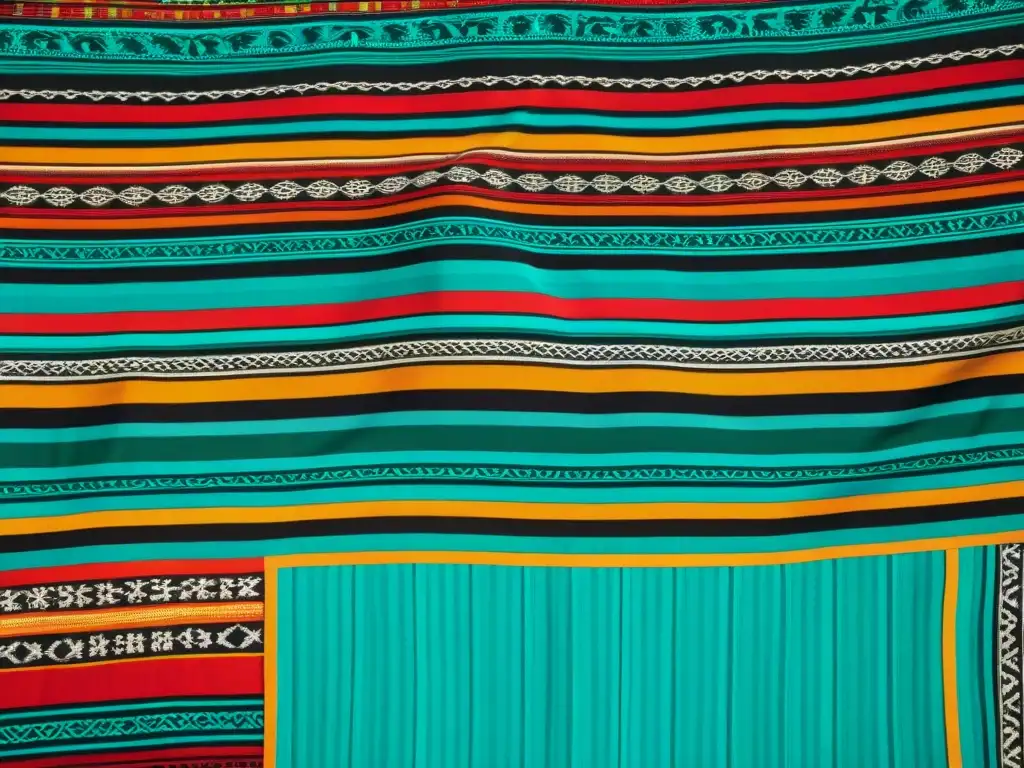 Detalle de la transmisión del simbolismo en textiles mayas con patrones geométricos y colores vibrantes