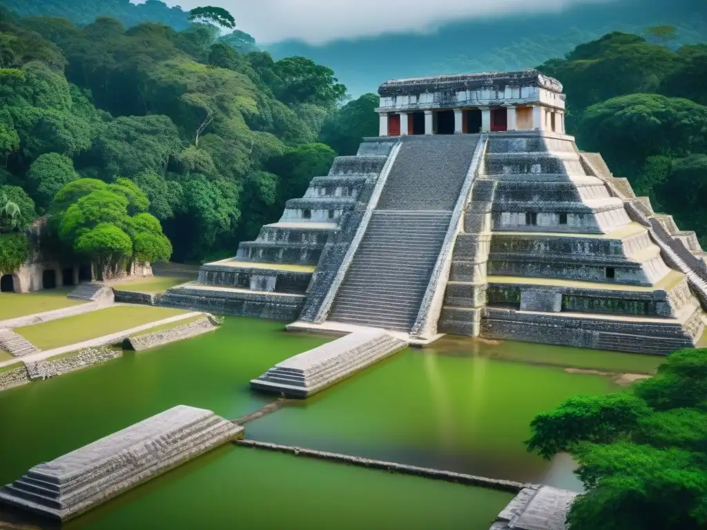 Detalle en 8k del sistema de gestión de agua en Palenque, destacando la influencia hidráulica maya en ingeniería