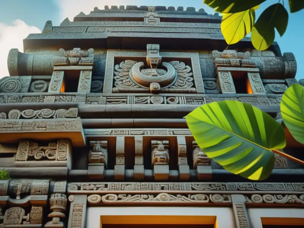 Detalle de diseño sostenible en arquitectura maya: tallados intrincados y armonía con la naturaleza