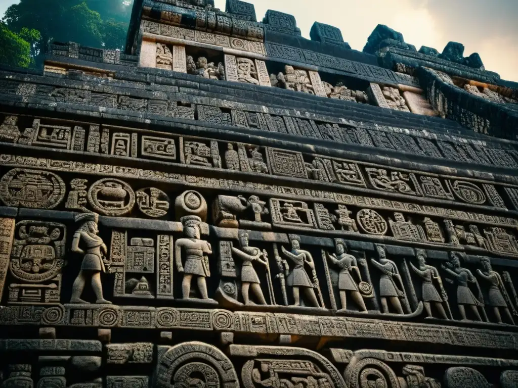 Detalle sublime de las antiguas inscripciones mayas en el templo de Copán, Honduras