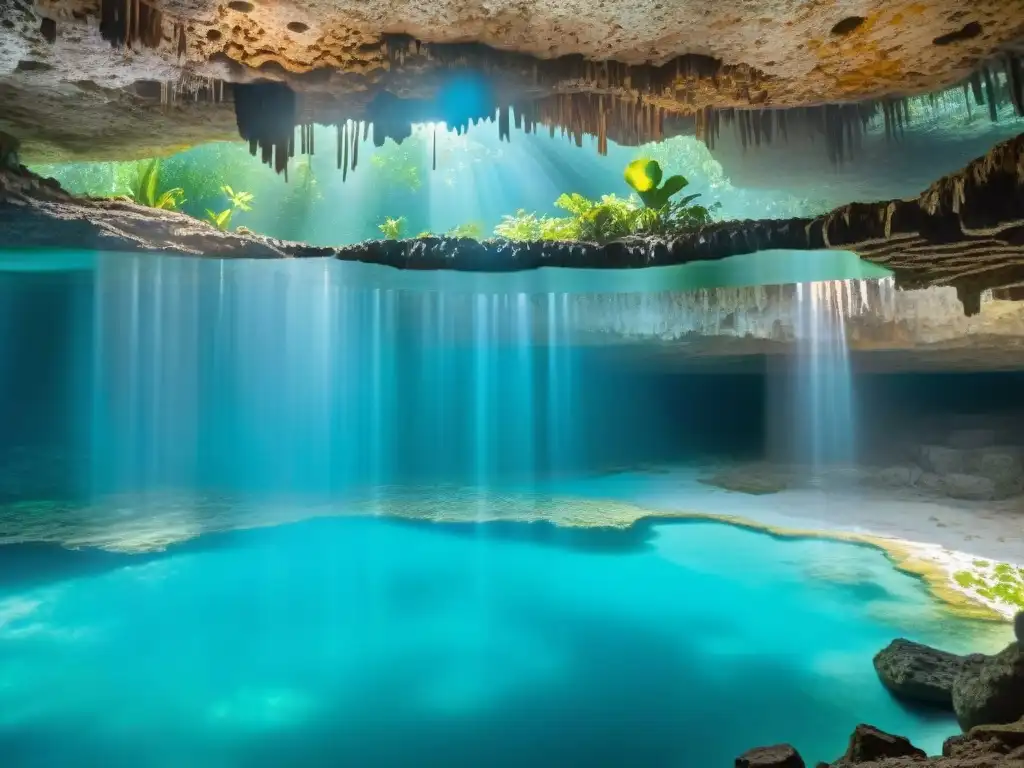 Detalle subterráneo de un cenote maya, con aguas turquesa, estalactitas y raíces, destacando la Importancia de los cenotes mayas