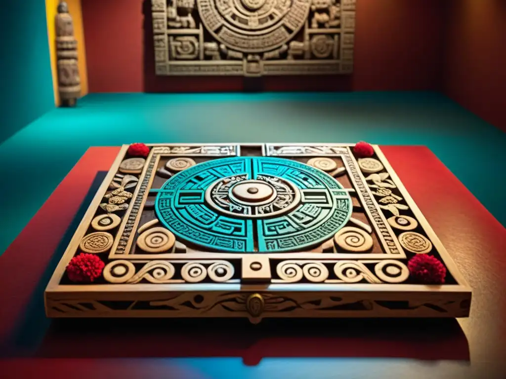 Detalle del tablero del juego tradicional maya Patolli, con vibrantes colores e intrincados diseños