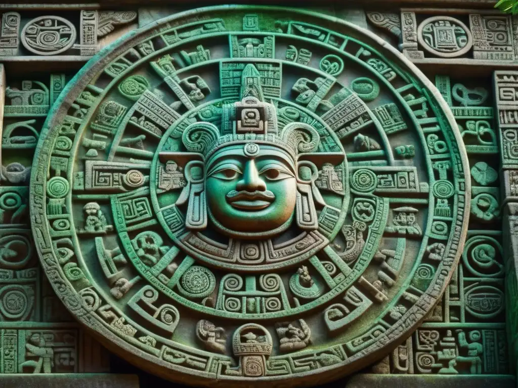 Detalle de una talla maya en piedra, muestra símbolos celestiales y calendarios, reflejando la avanzada cosmología maya calendario moderno