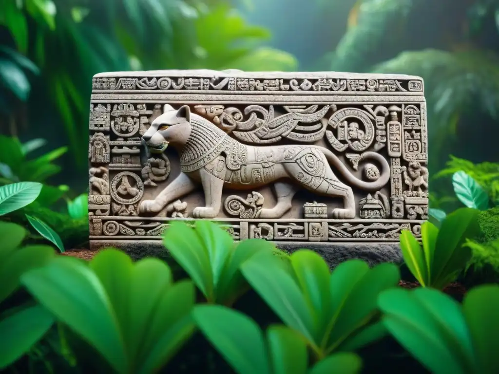 Detalle de una talla maya con símbolos de poder y libertad, como jaguar, águila y quetzal, entre jeroglíficos, en selva exuberante