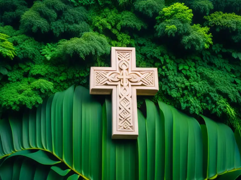 Detalle de una talla de piedra maya con la cruz, en la selva