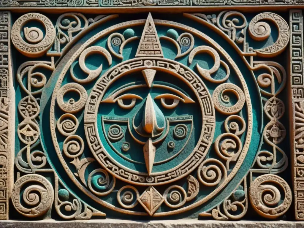 Detalle de una talla en piedra maya de los ciclos lunares y símbolos celestiales, con pigmentos vibrantes