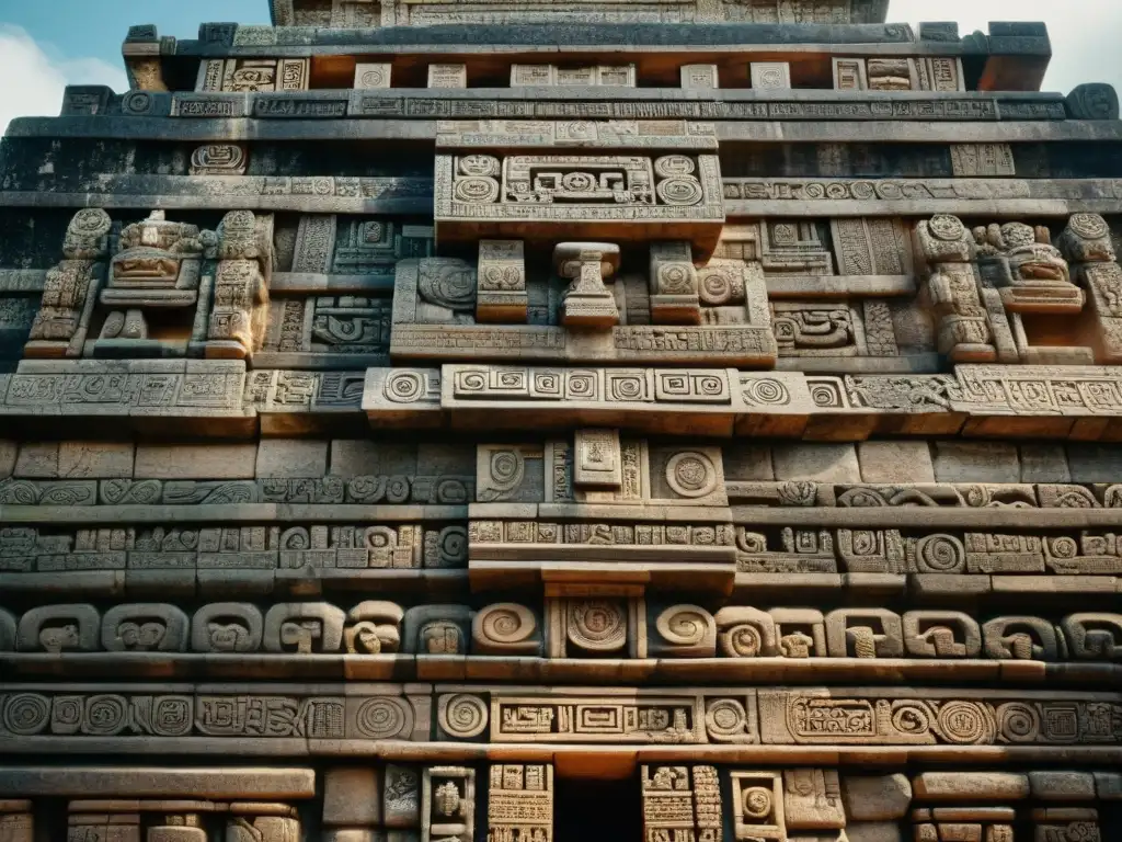 Detalle tallado de una fachada de templo maya, influencia arquitectura Maya diseño contemporáneo