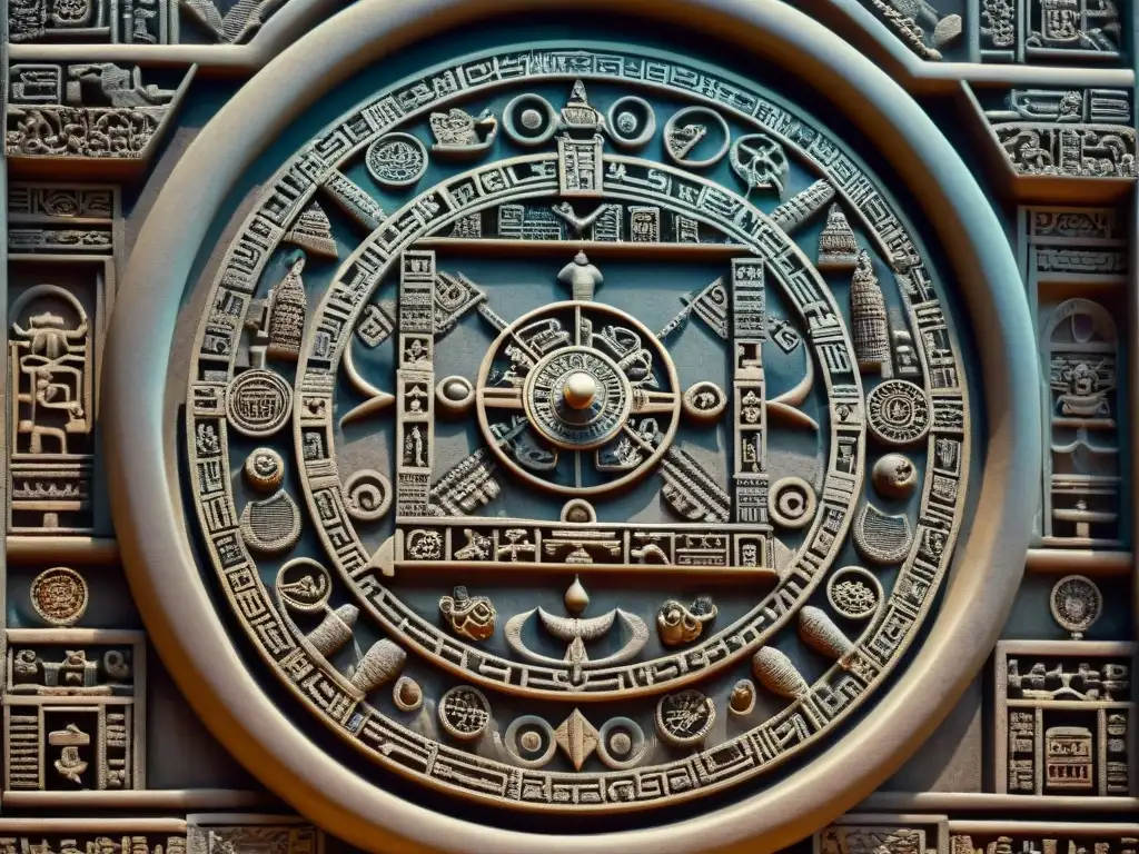 Detalle de tallado maya con símbolos calendáricos y alineaciones celestiales, revelando el significado del calendario maya