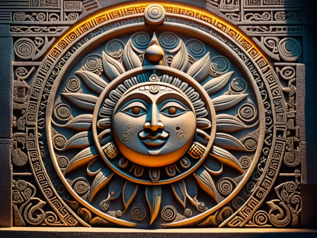 Detalle de tallado maya mostrando el Sol y la Luna, símbolos de la Mitología Maya significado Sol Luna