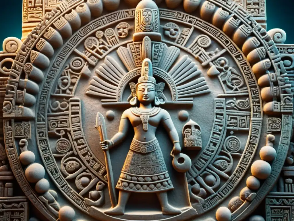 Detalle de tallado maya de Hunab Ku, espíritu supremo, rico en simbolismo y diferencias con concepción maya dios único