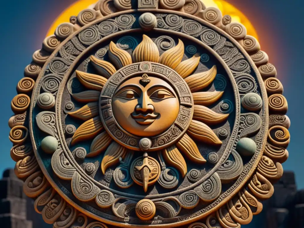 Detalle tallado de la Mitología Maya significado Sol Luna: el Sol radiante y la Luna serena, conectados en un cielo estrellado