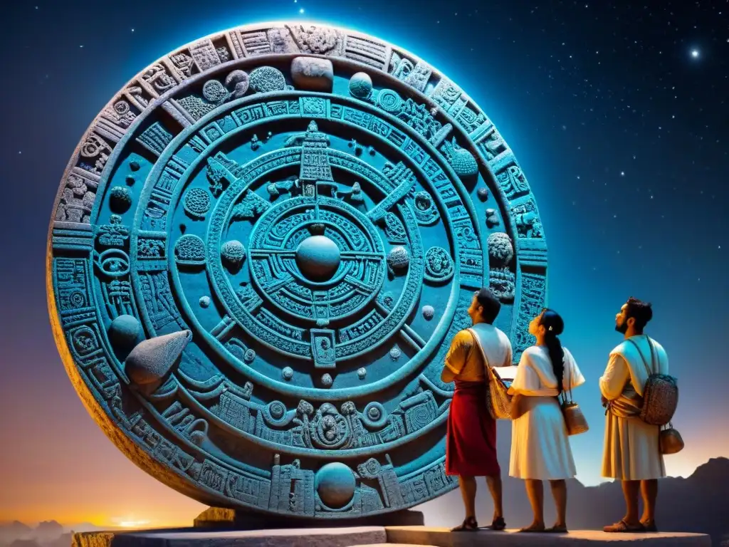 Detalle tallado en piedra de astrónomos mayas estudiando el cielo nocturno, reflejando la Astronomía en la cultura maya