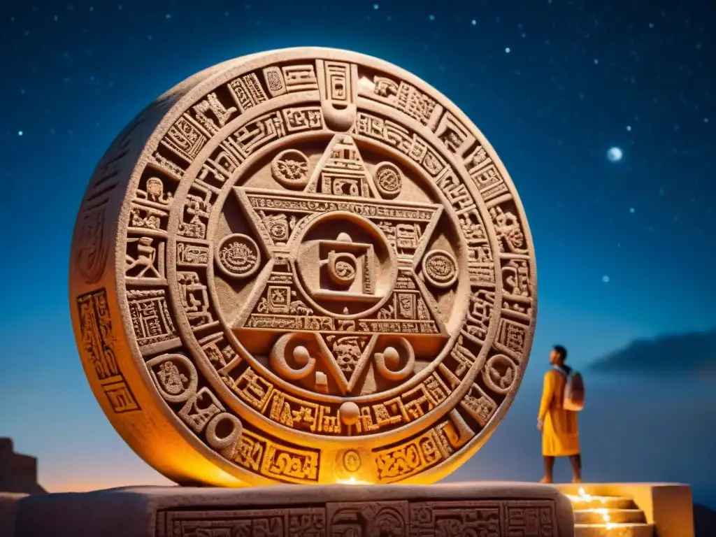 Detalle de tallado en piedra del calendario maya, con símbolos astronómicos y hieroglíficos, iluminado por antorchas en la noche estrellada