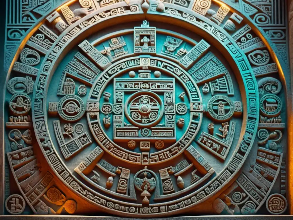 Detalle del tallado en piedra del Calendario maya 2012, resaltando la complejidad y precisión de su comprensión celestial