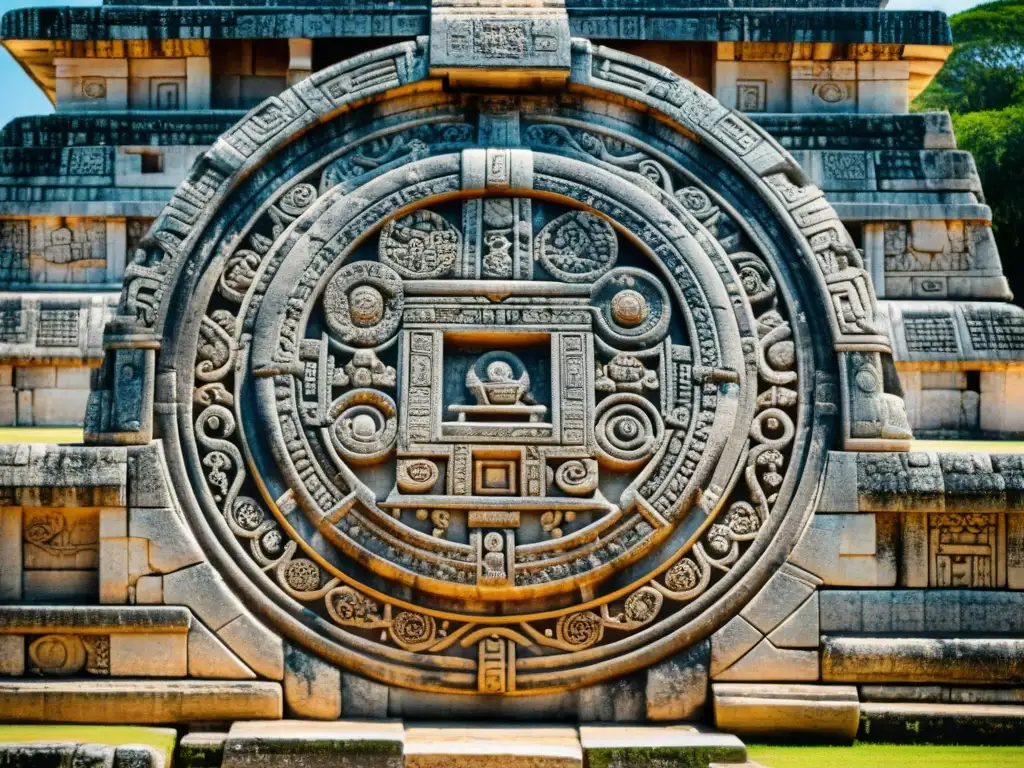 Detalle tallado en piedra en observatorio maya en Chichen Itza, muestra la armonía celestial