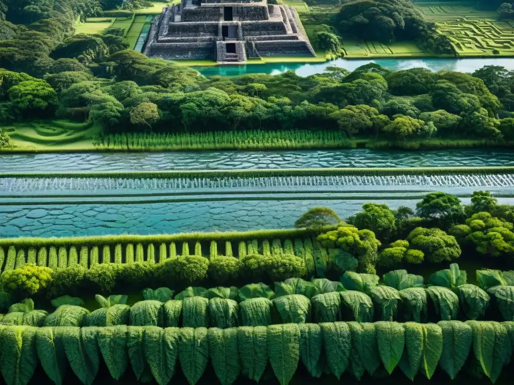 Detalle tallado en piedra de sistemas de irrigación mayas rodeados de exuberante vegetación tropical