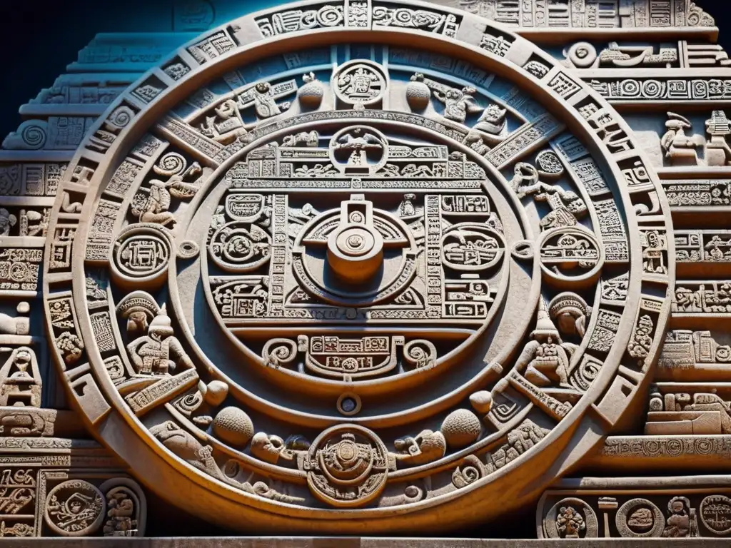 Detalle de tallados de la antigua cultura maya con el sistema calendárico, mostrando prácticas culturales mayas en turismo