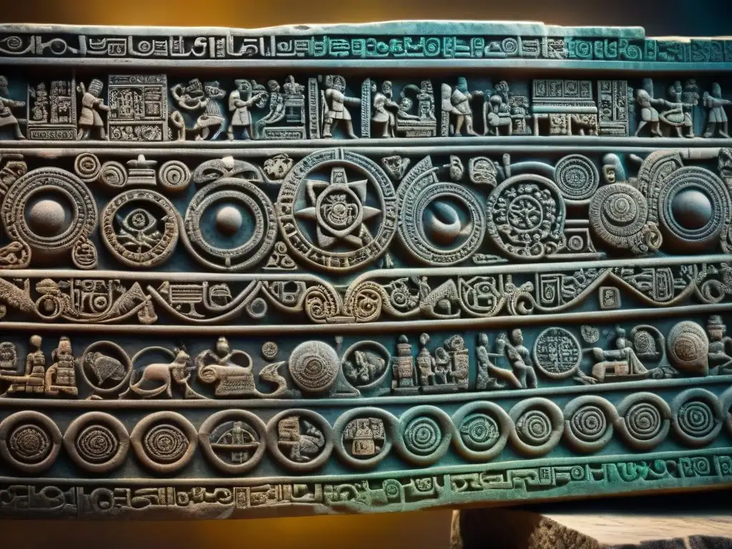 Detalle de tallados astronómicos en una losa maya, revelando la complejidad de la Astronomía en arquitectura maya