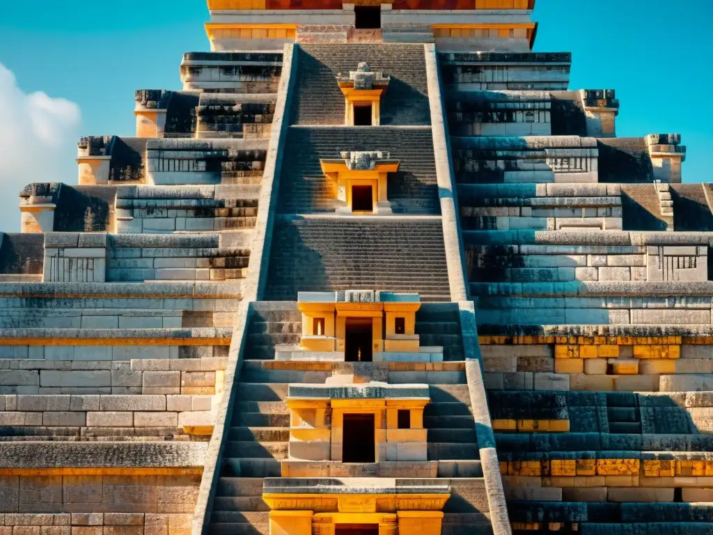 Detalle de tallados en piedra del majestuoso Templo de Kukulcán en Chichén Itzá, revelando la Ingeniería de las Pirámides Mayas