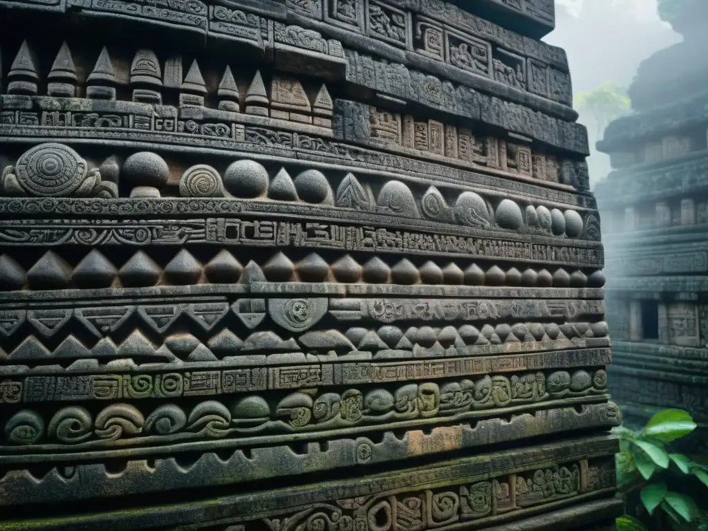 Detalle de tallados en piedra mayas con gotas de agua, resaltando el desafío del control de humedad en estructuras mayas