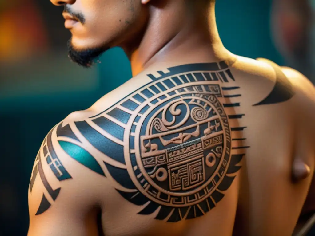 Detalle de un tatuaje maya siendo meticulosamente creado en la piel de alguien, resaltando la cultura y el significado de los tatuajes mayas