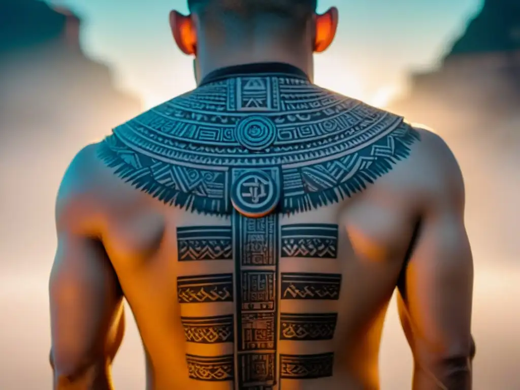 Detalle del tatuaje maya en la espalda de una persona, resaltando la cultura y el significado de los tatuajes mayas