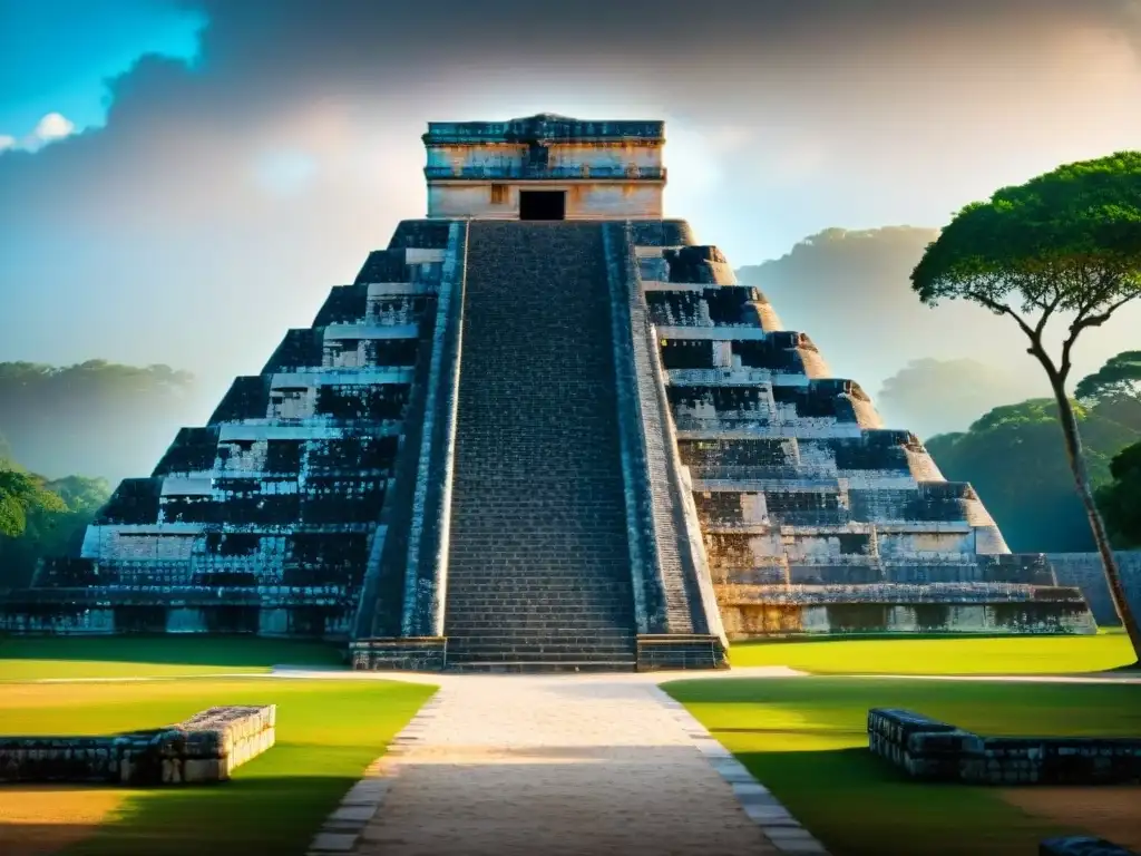 Detalle del Templo de Kukulcán en Chichén Itzá: arquitectura maya en armonía con la naturaleza