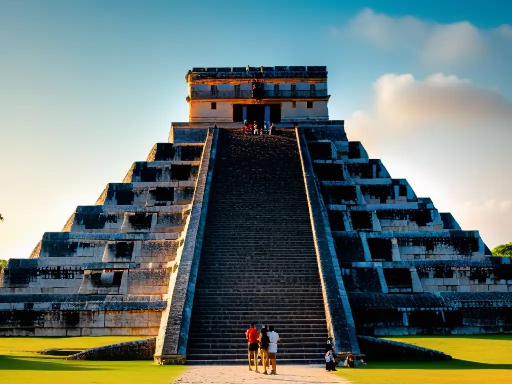 Detalle del Templo de Kukulcán en Chichén Itzá durante el equinoccio de primavera, mostrando la sombra en forma de serpiente y la arquitectura maya