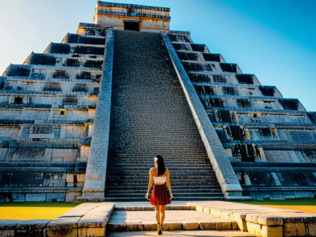 Detalle del Templo de Kukulcán en Chichén Itzá, resaltando la grandiosidad y las escalinatas