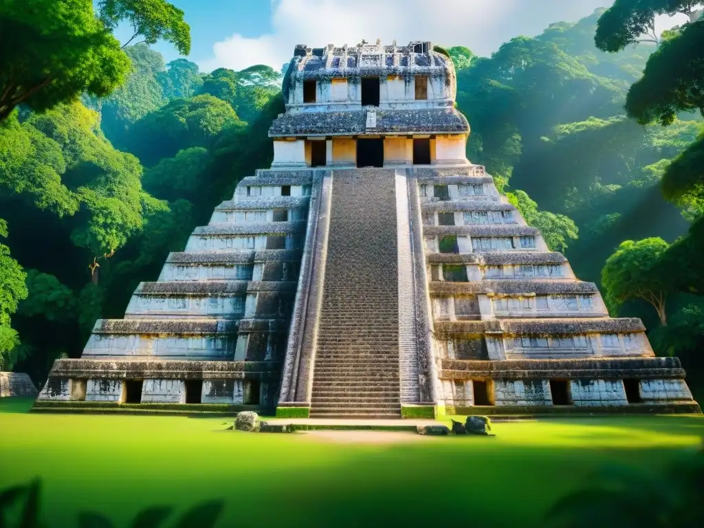 Detalle del Templo de las Inscripciones en Palenque, ciudad sagrada selva, con arquitectura maya y selva exuberante