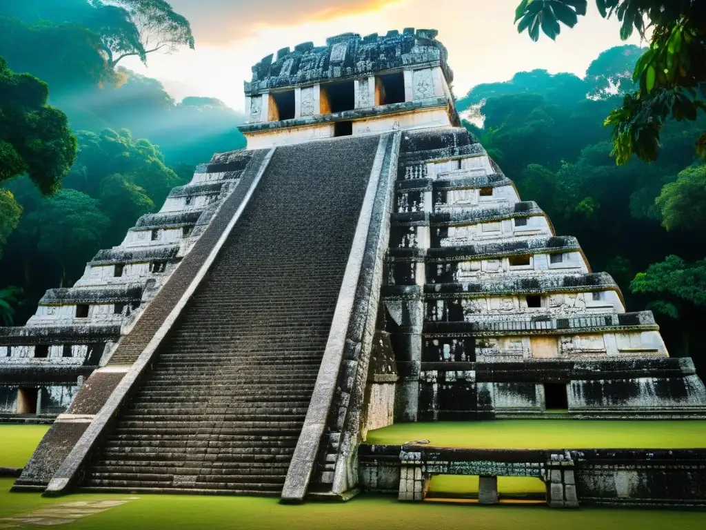 Detalle del Templo de las Inscripciones en Palenque, México, reflejando la visión estructural cosmos civilización maya