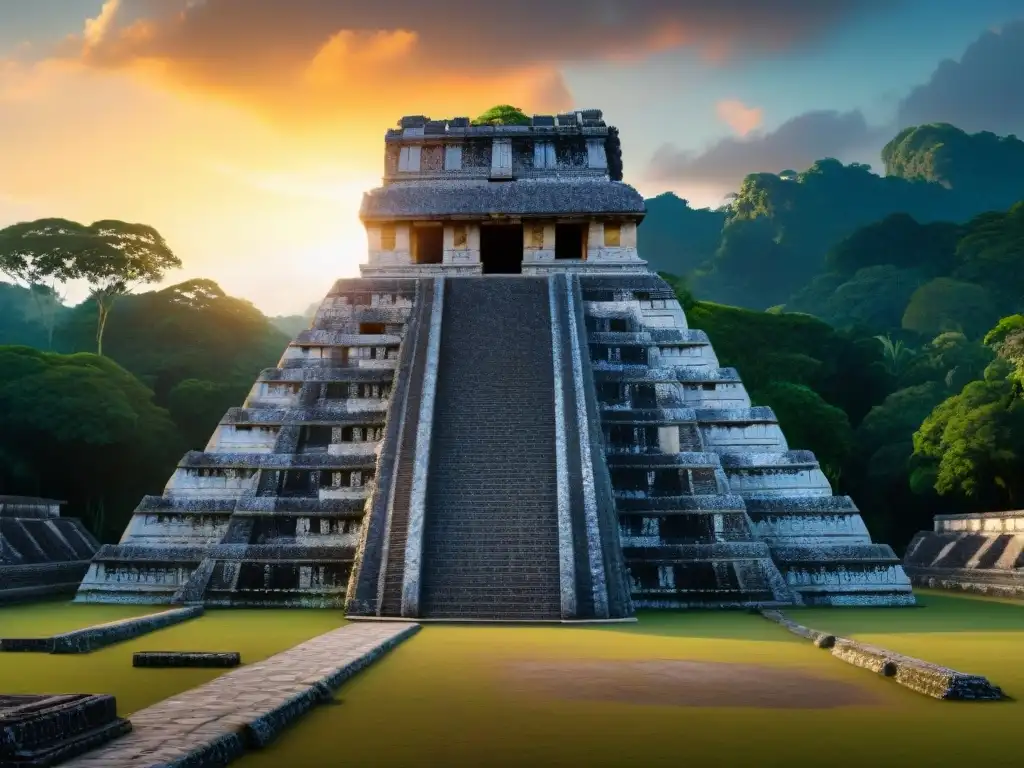 Detalle del Templo de las Inscripciones en Palenque con alineaciones astronómicas en verano