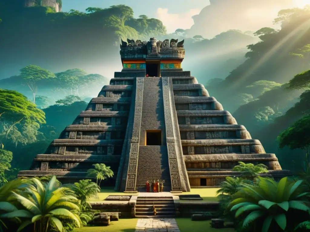 Detalle de templo maya reconstruido digitalmente con artefactos y estructuras mayas en la jungla