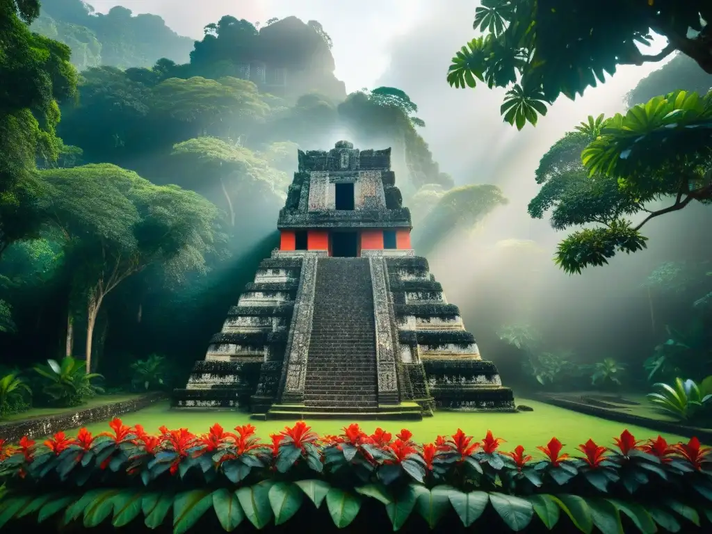 Detalle de un templo maya en la selva con rituales y cosmología, imbuido de misticismo y tradiciones antiguas