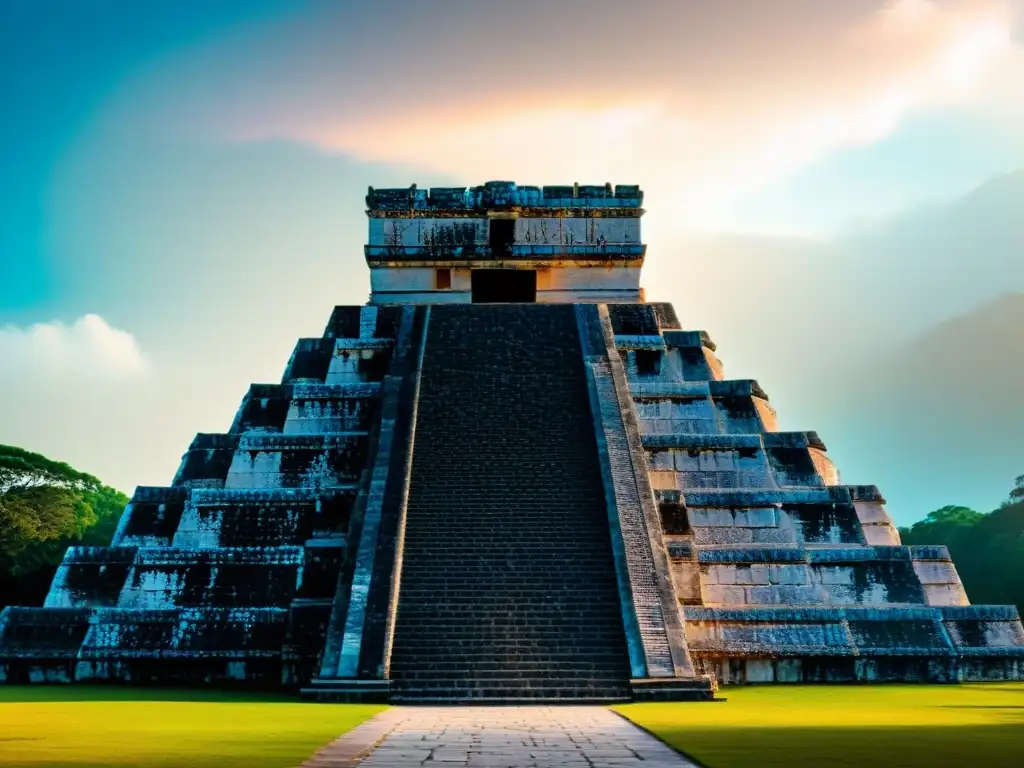 Detalle del Templo de Kukulkán en Chichén Itzá, reflejando la precisión en rituales mayas fenómenos astronómicos