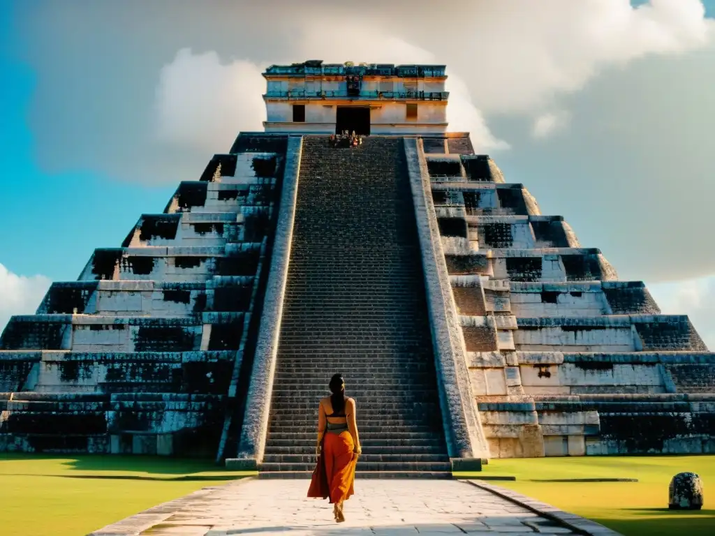 Detalle 8k del Templo de Kukulkán en Chichen Itzá, con simbología arquitectónica maya de dualidad vida-muerte