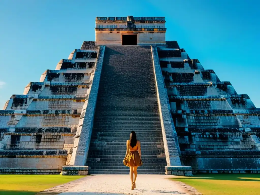 Detalle del Templo de Kukulkán en Chichén Itzá con simbología arquitectónica maya de dualidad vida-muerte